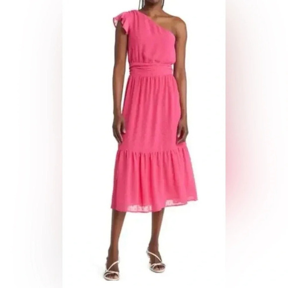 Chelsea28 Dresses & Skirts - Chelsea28 Pink Polka Dot One Shoulder Flowy Midi Dress Women’s Size Small NWOT